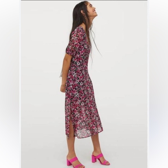 NEW H&M Floral Puff Sleeve V Neck Midi Dress XXS Fall - Picture 2 of 9